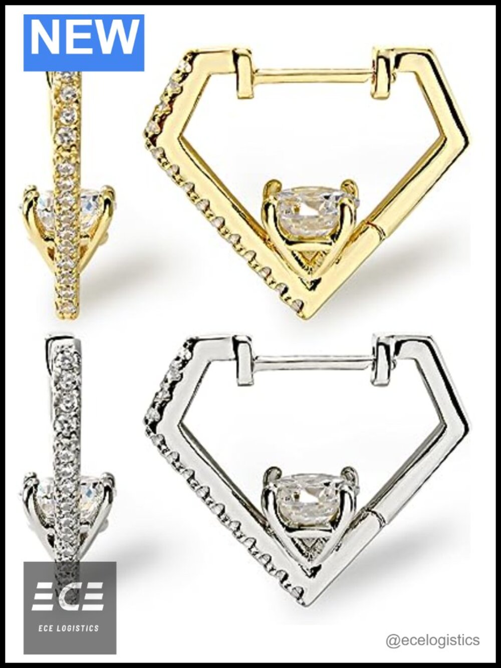Gold and Silver Huggie Hoop Earrings Set Diamond Shaped Cubic Zirconia